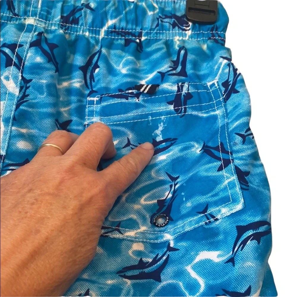 Nautical Shark Print Boys’ Turquoise Swim Trunks